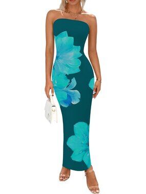 Women's Dark Green Floral Summer Strapless Maxi Dress Formal Tube Mesh Dress
